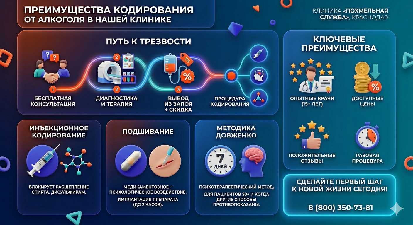 Инфографика о методах кодирования от алкоголя в Сиверском: инъекции, подшивание, метод Довженко. Преимущества клиники и этапы лечения.